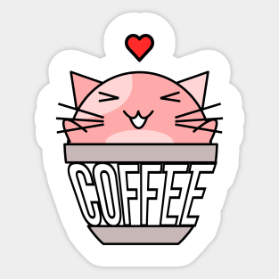 Happy cat in coffee cup with warped text heart on head pink Sticker